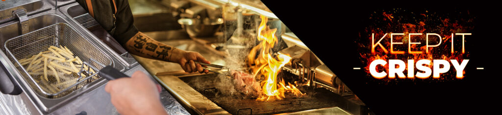 Keep It Crispy graphic. Images of fried food and fryers