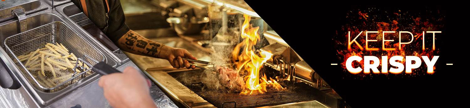 Keep It Crispy graphic. Images of fried food and fryers